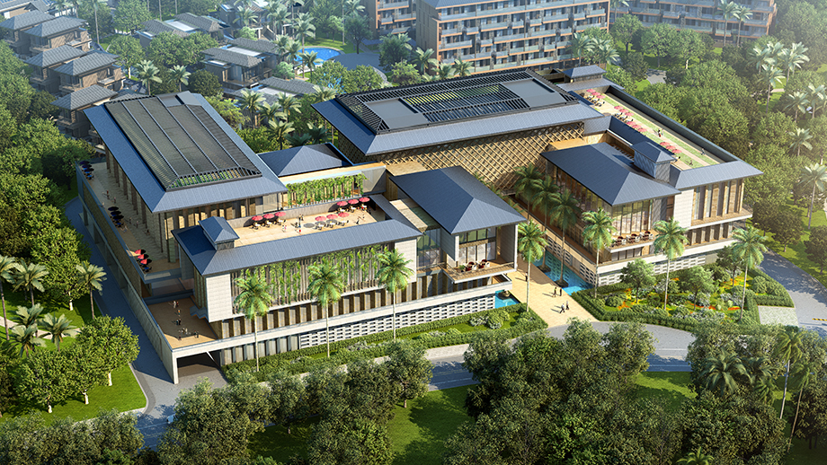 An aerial view of a large building surrounded by trees in Zhuhai.